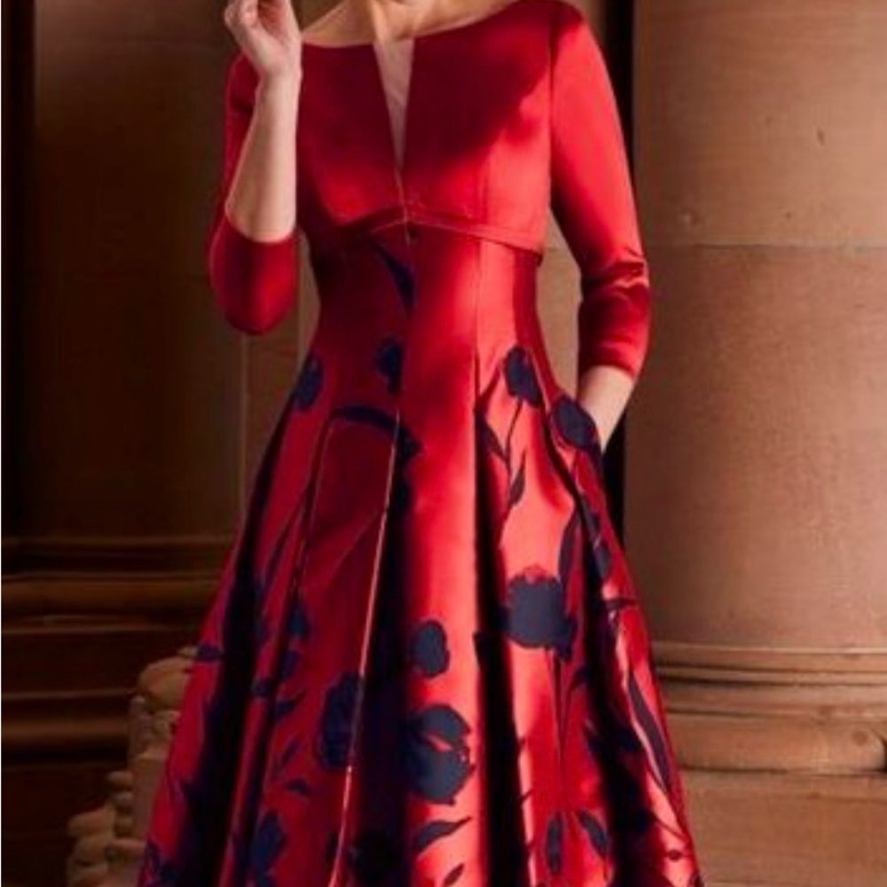 STYLEWE Red and Navy Floral Long Sleeve Fit-and-Flare Dress